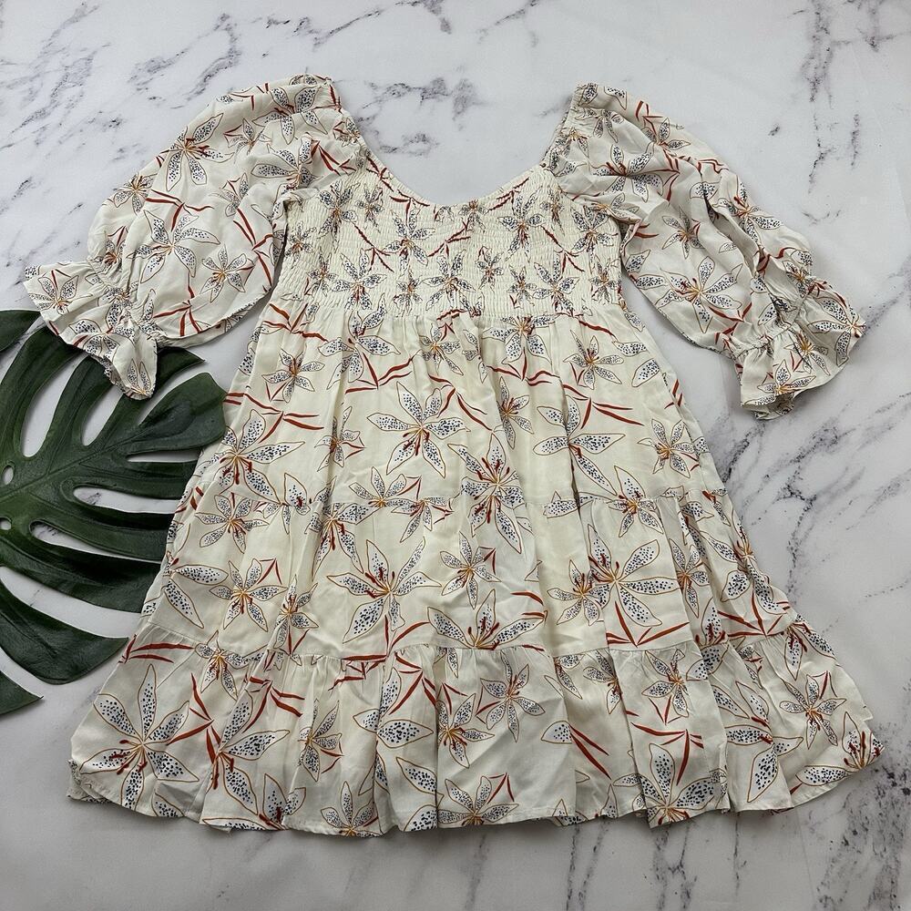 Listicle Womens Smocked Dress Size L White Orange Floral Pockets Ruffles Tiered
